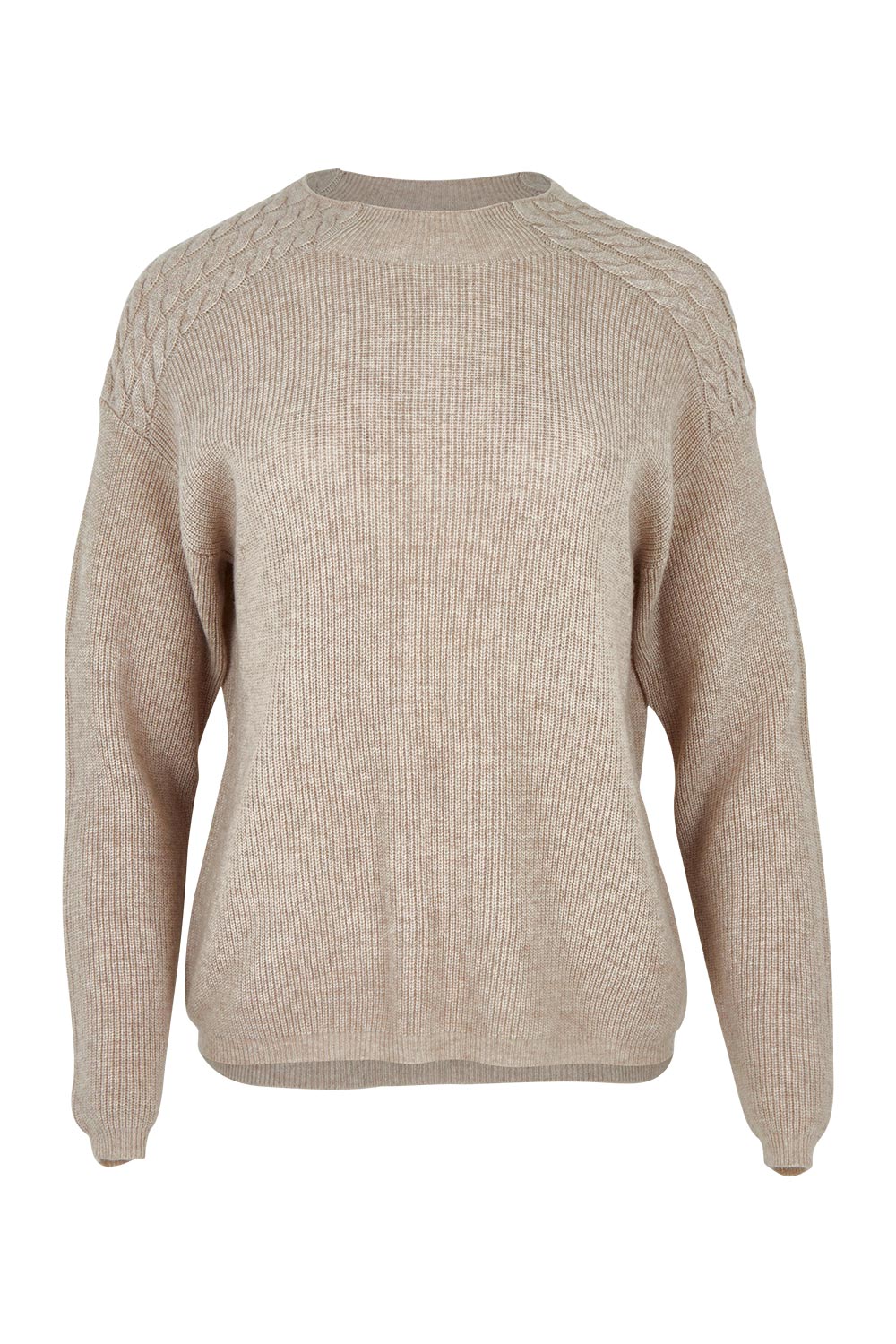 Product shot of the Wool Cashmere Shoulder Cable Knit Sweater in colour Fawn, from the front