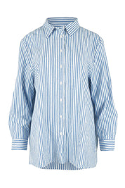 Product shot of the Cotton Oversized Stripe Boyfriend Shirt in colour Blue (Blue), from the front