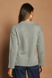 Model Madeline wearing size S of the Cotton Wool Cashmere Relaxed Jumper in colour Opalgrey (Grey), from the back