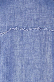 Product shot of the Linen Relaxed Jacket – Denim in colour Denim, showing detail