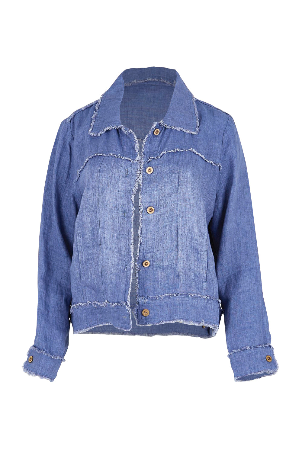 Product shot of the Linen Relaxed Jacket – Denim in colour Denim, from the front