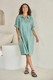 Model Tahneei wearing size 10 of the Linen Shirt Maker Dress – Aloe in colour Aloe, from the front