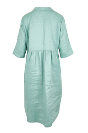 Product shot of the Linen Shirt Maker Dress – Aloe in colour Aloe, from the back