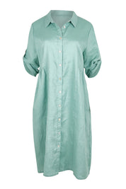 Product shot of the Linen Shirt Maker Dress – Aloe in colour Aloe, showing detail