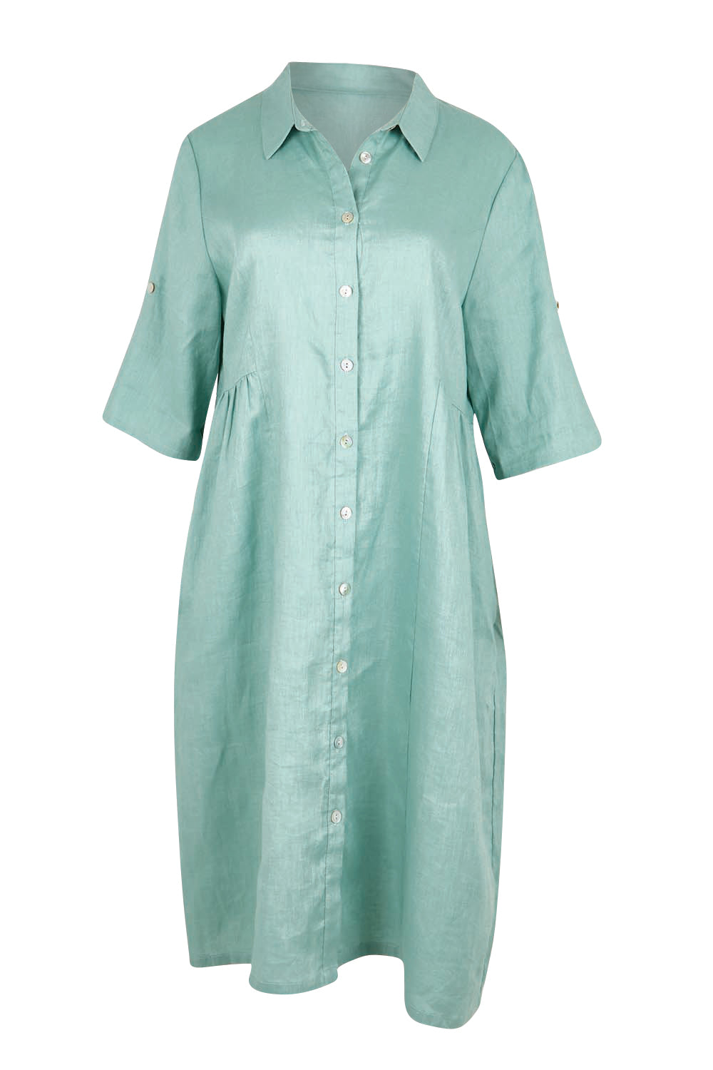 Product shot of the Linen Shirt Maker Dress – Aloe in colour Aloe, from the front