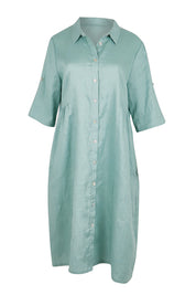 Product shot of the Linen Shirt Maker Dress – Aloe in colour Aloe, from the front