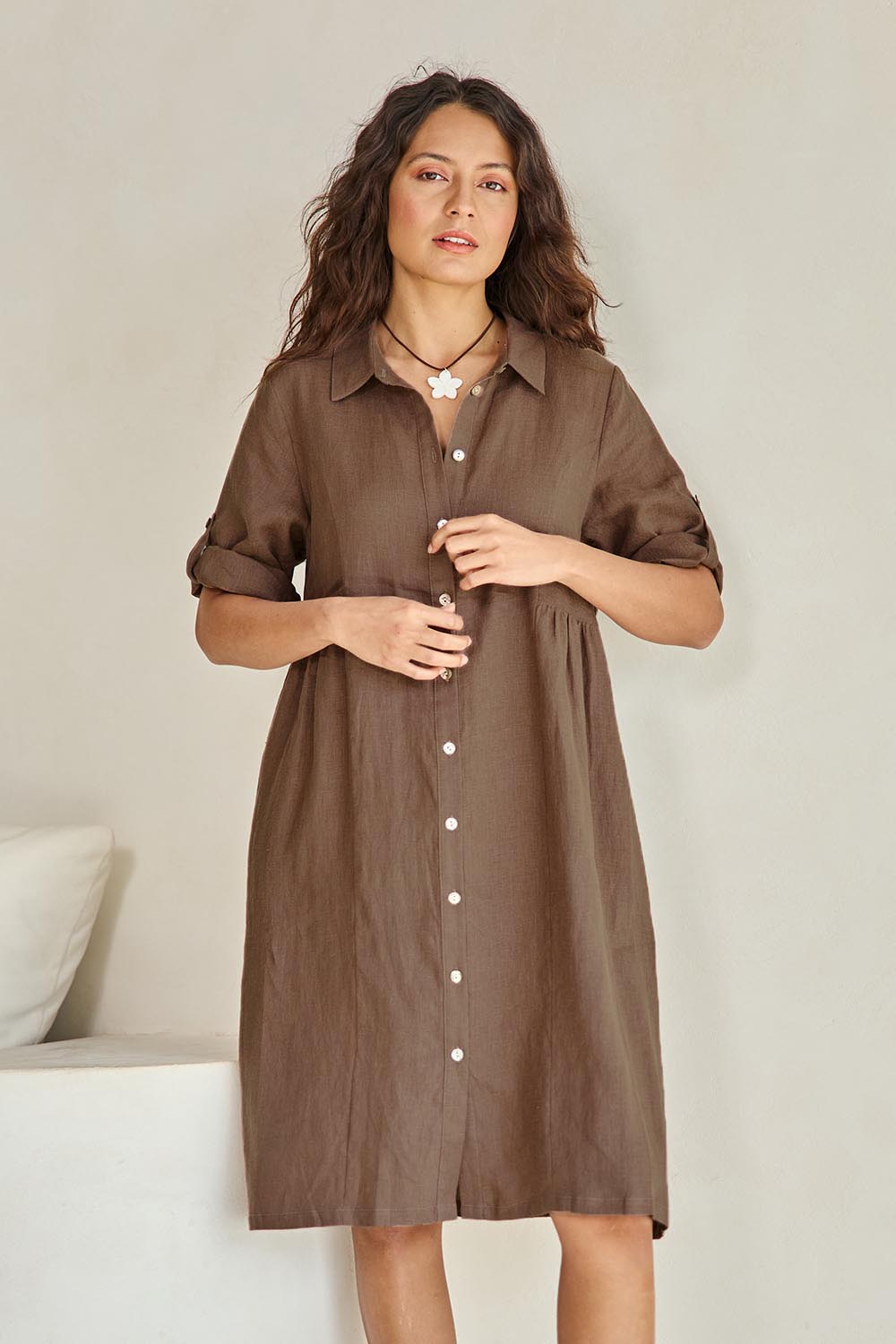Model Tahneei wearing size 10 of the Linen Shirt Maker Dress – Coffee in colour Coffee, in a cropped view