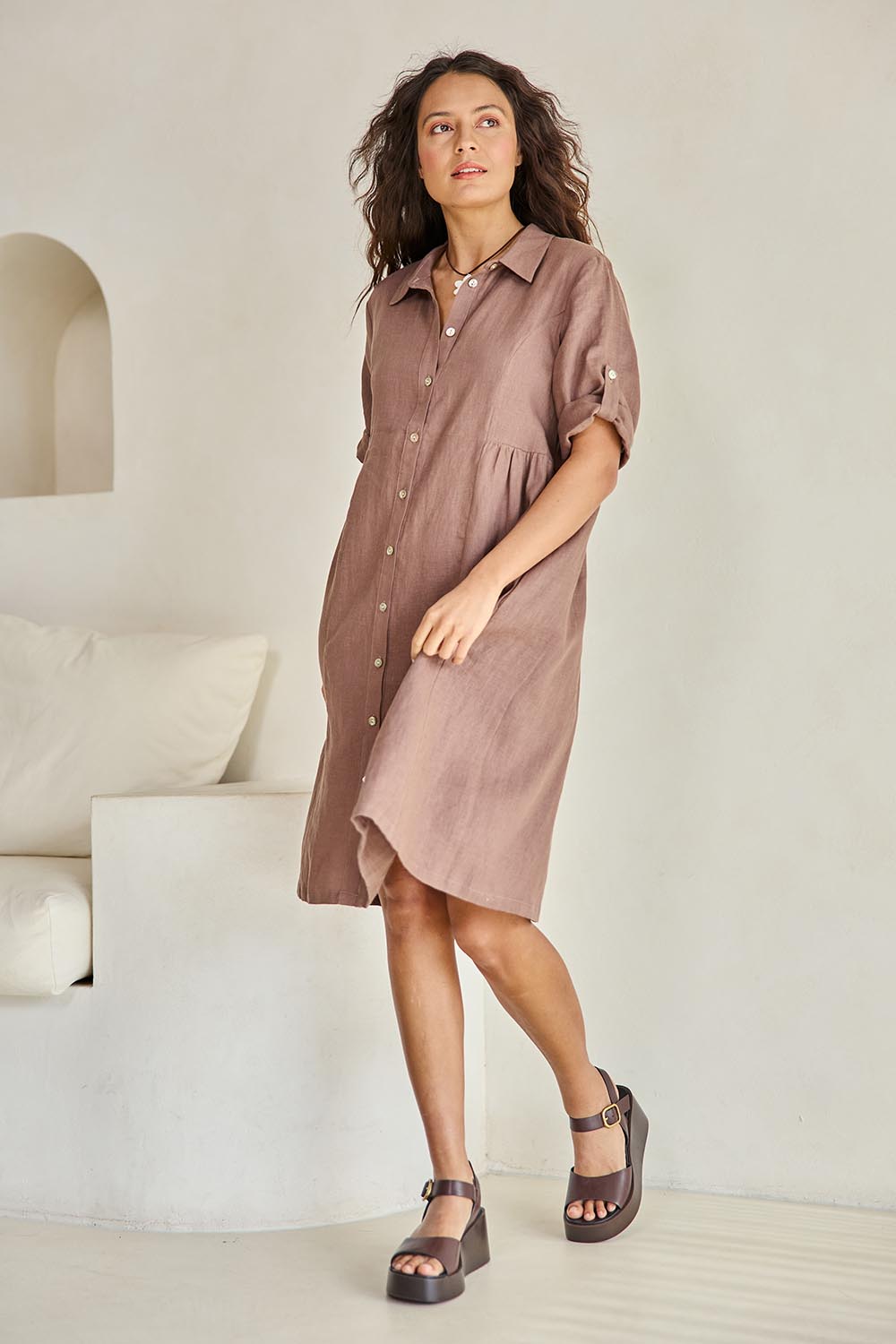 Model Tahneei wearing size 10 of the Linen Shirt Maker Dress – Coffee in colour Coffee, from the front