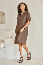 Model Tahneei wearing size 10 of the Linen Shirt Maker Dress – Coffee in colour Coffee, from the front