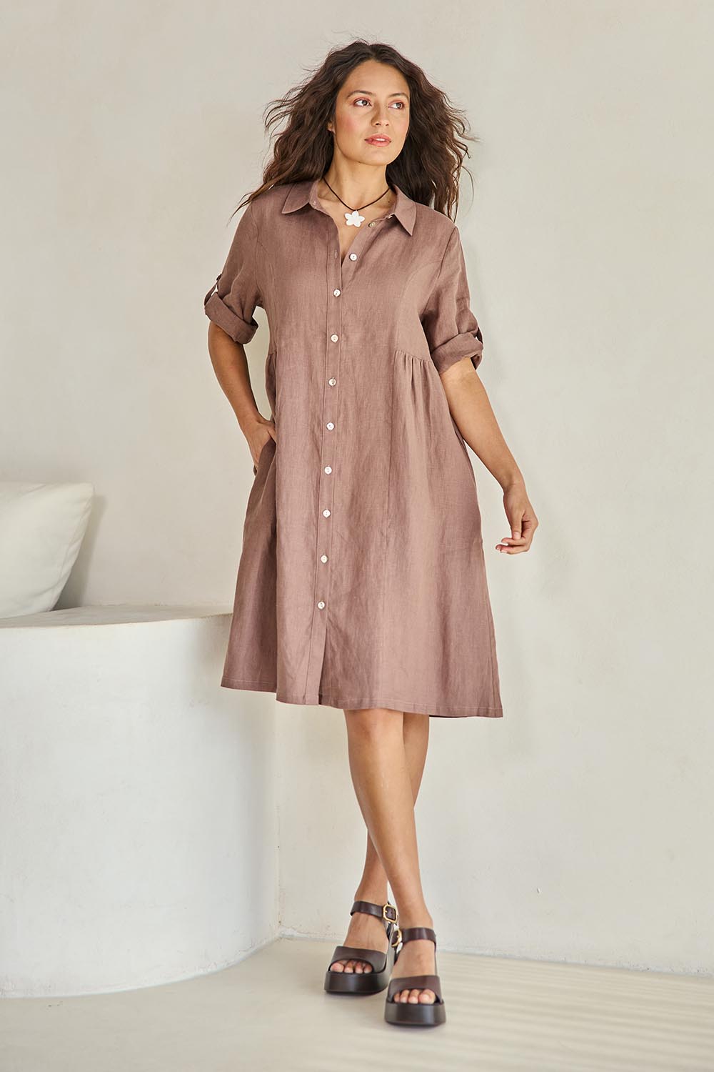 Model Tahneei wearing size 10 of the Linen Shirt Maker Dress – Coffee in colour Coffee, from the front