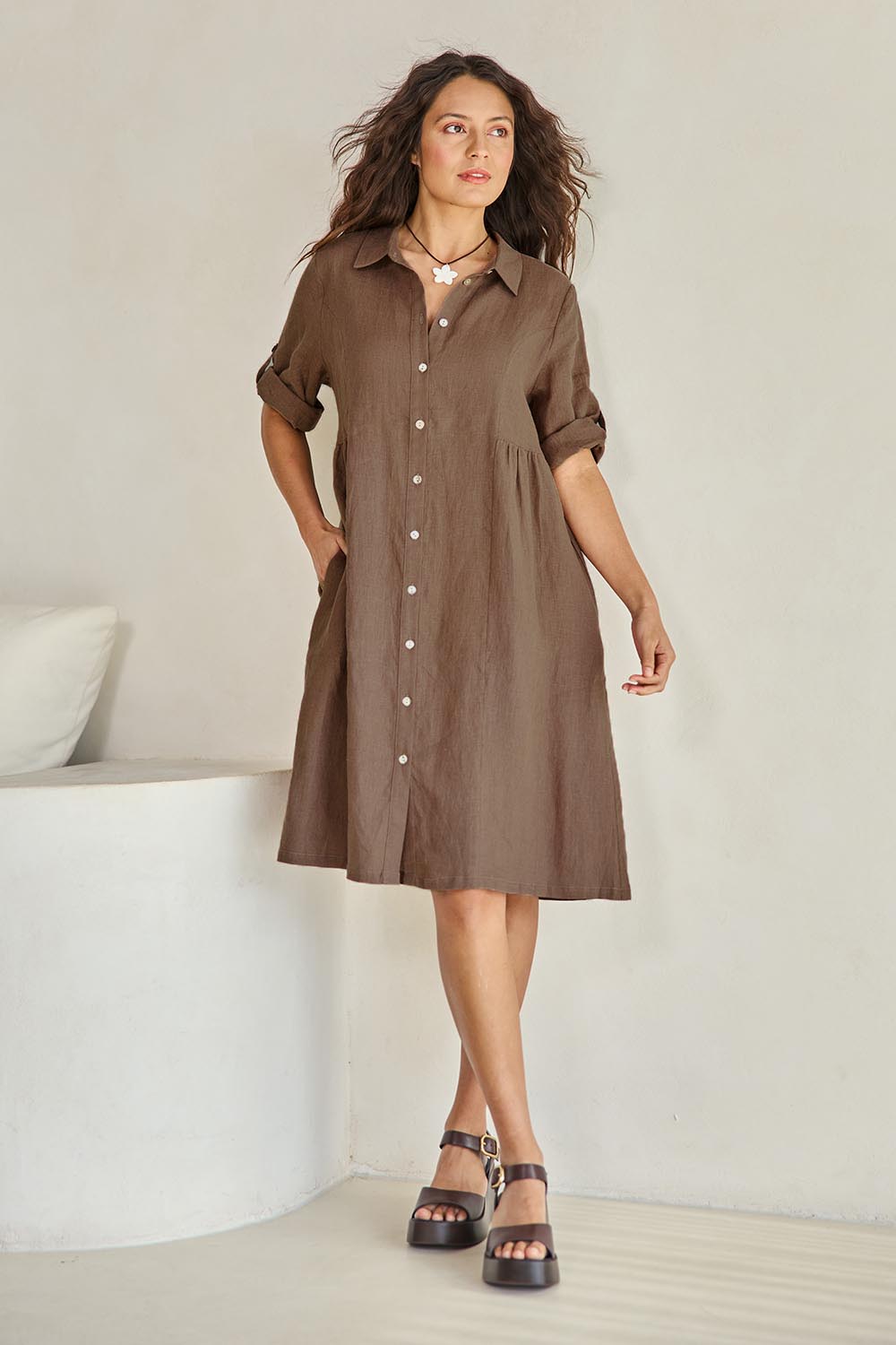 Model Tahneei wearing size 10 of the Linen Shirt Maker Dress – Coffee in colour Coffee, from the front