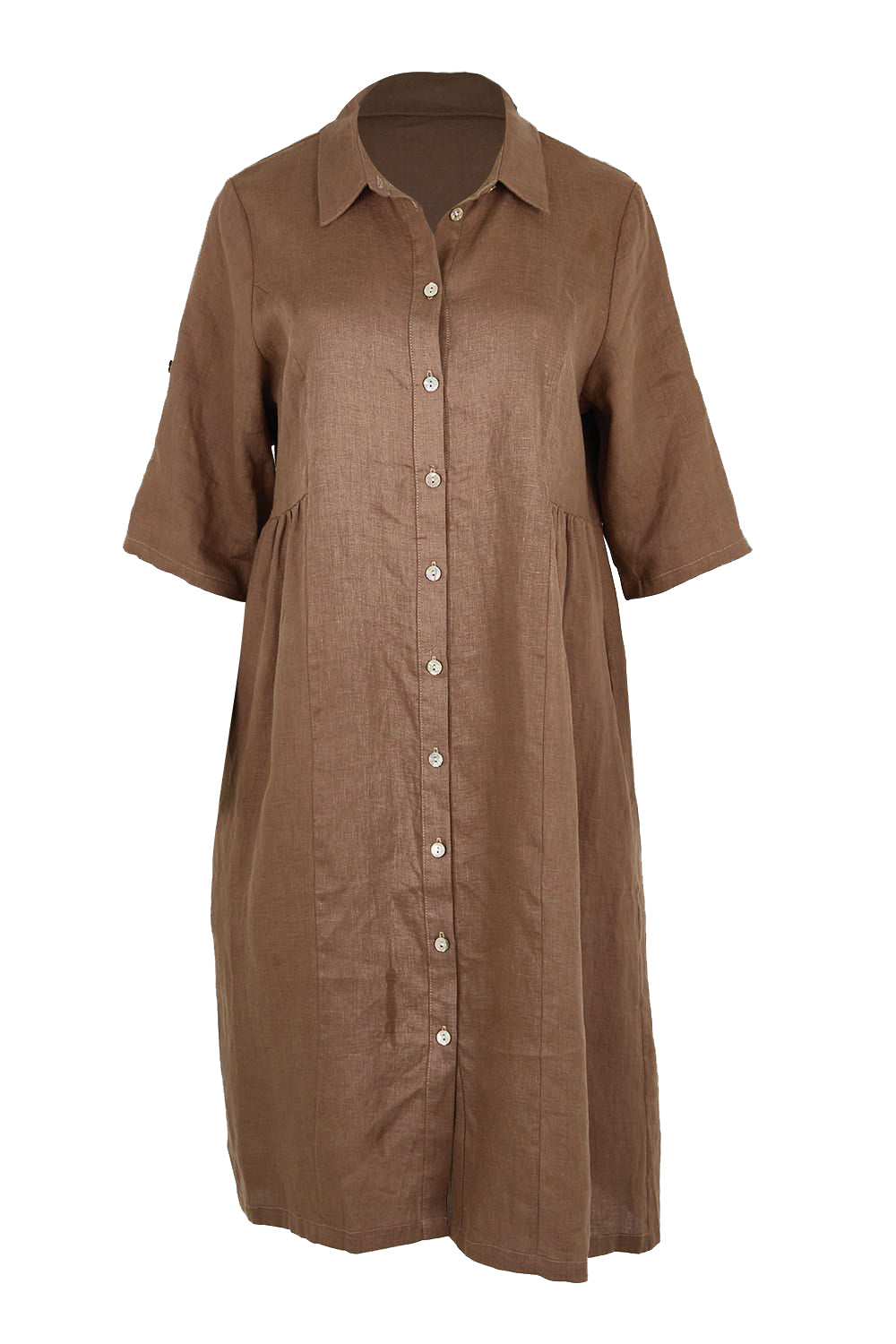 Product shot of the Linen Shirt Maker Dress – Coffee in colour Coffee, from the front