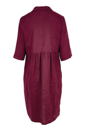 Product shot of the Linen Shirt Maker Dress – Plum in colour Plum, from the back