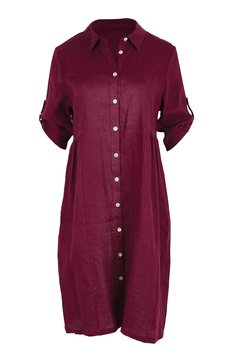 Product shot of the Linen Shirt Maker Dress – Plum in colour Plum, showing detail