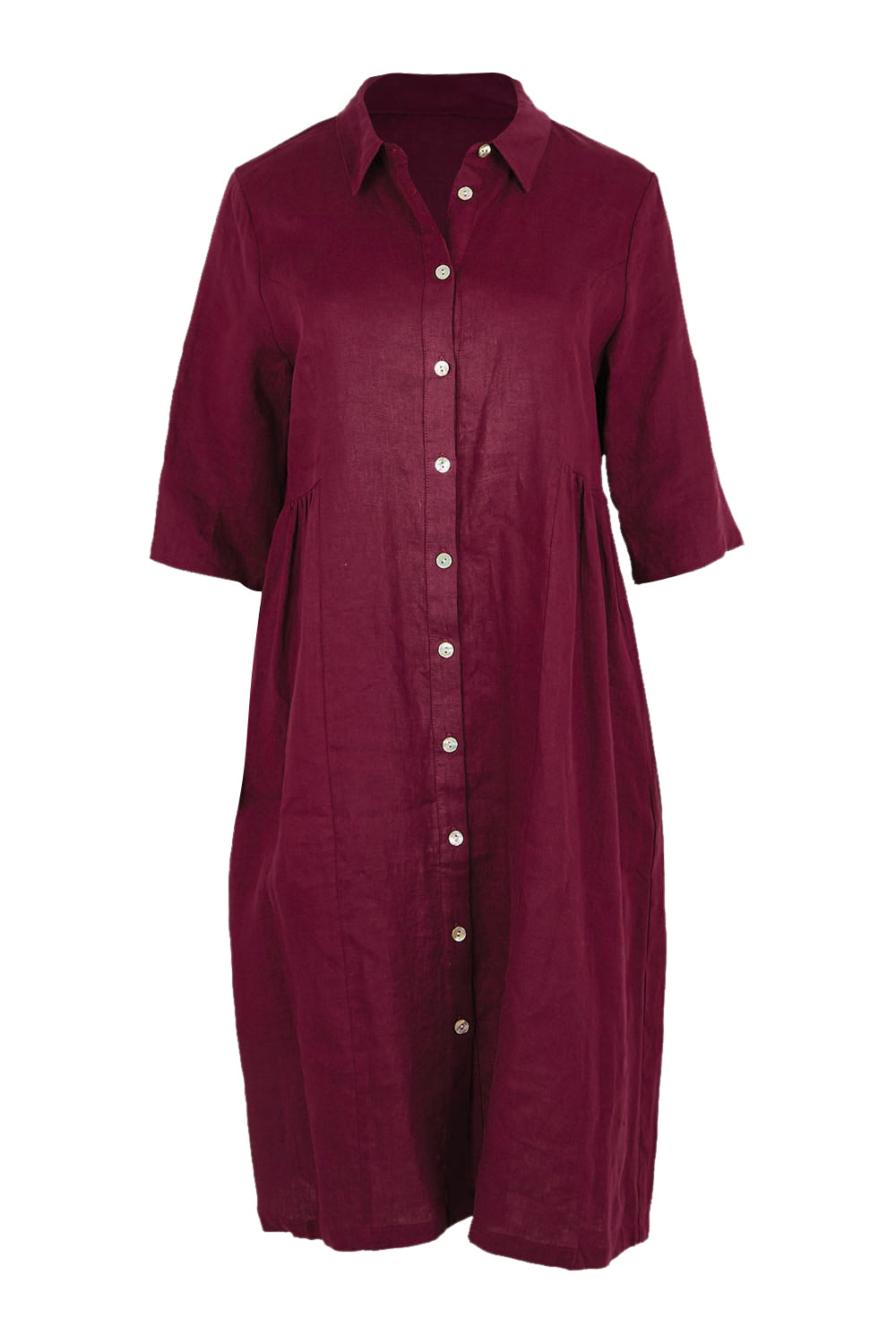 Product shot of the Linen Shirt Maker Dress – Plum in colour Plum, from the front