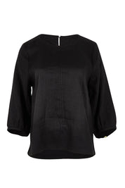 Product shot of the Linen 3/4 Sleeve Top in colour Black (Black), from the front