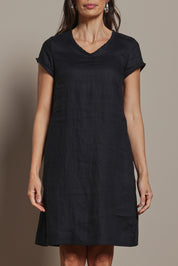 Model Amanda wearing size 10 of the Linen V Neck Shift Dress in colour Black (Black), from the front, cropped image