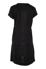 Product shot of the Linen V Neck Shift Dress in colour Black (Black), from the back