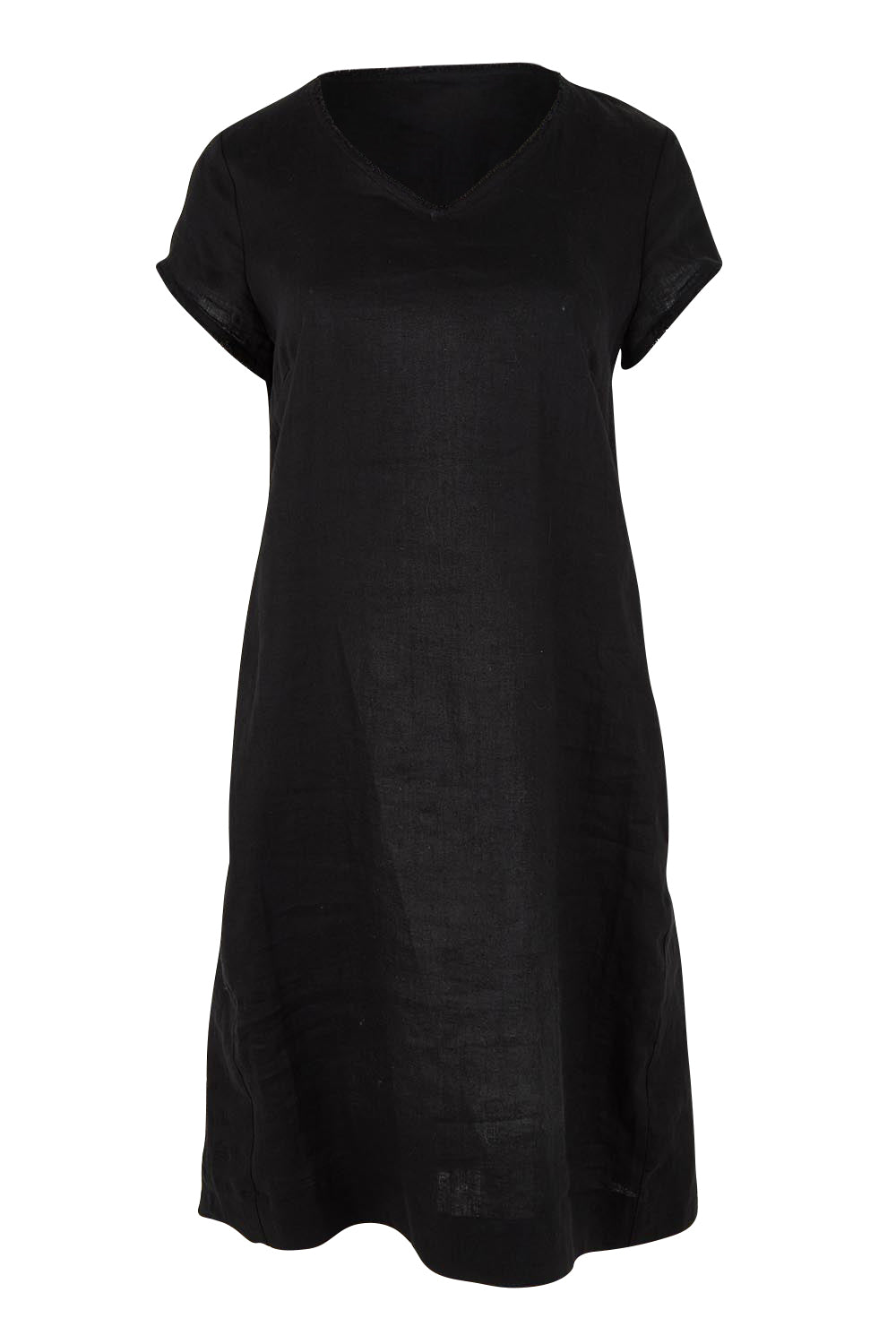 Product shot of the Linen V Neck Shift Dress in colour Black (Black), from the front