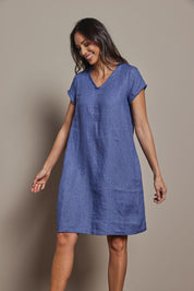 Model Amanda wearing size 10 of the Linen V Neck Shift Dress in colour Denim (Blue), from the front, cropped image