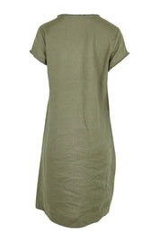 Product shot of the Linen V Neck Shift Dress – Olive in colour Olive, from the back