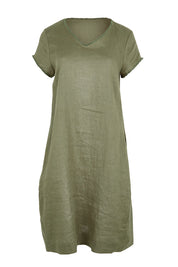 Product shot of the Linen V Neck Shift Dress – Olive in colour Olive, from the front