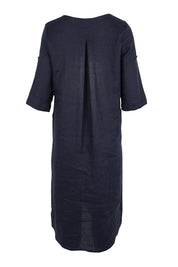 Product shot of the Linen Pocket Dress – Navy in colour Navy, from the back
