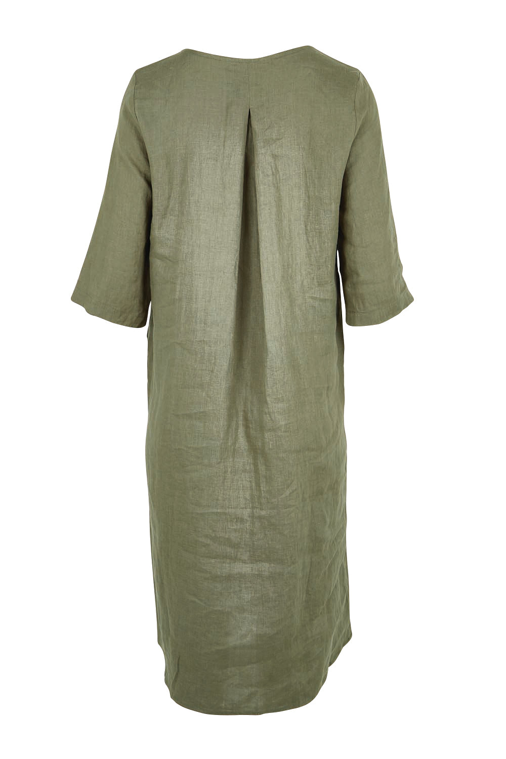 Product shot of the Linen Pocket Dress – Olive in colour Olive, from the back