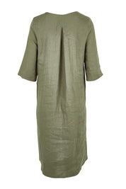 Product shot of the Linen Pocket Dress – Olive in colour Olive, from the back