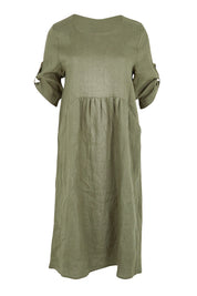 Product shot of the Linen Pocket Dress – Olive in colour Olive, showing detail