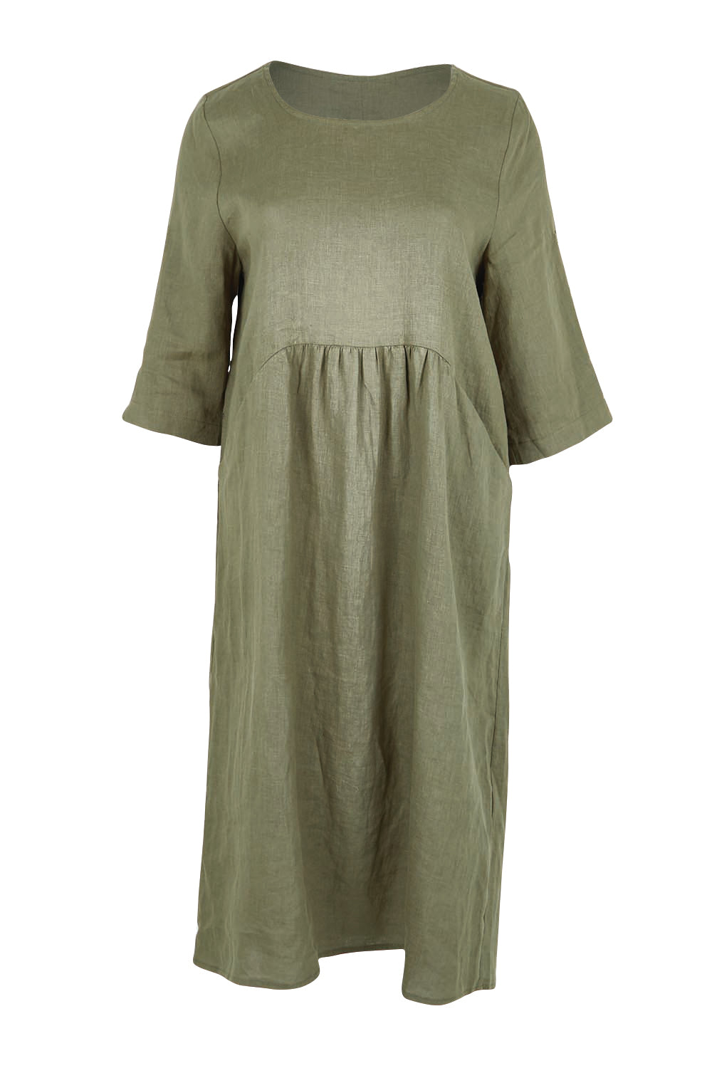 Product shot of the Linen Pocket Dress – Olive in colour Olive, from the front