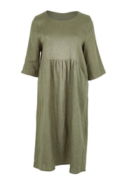 Product shot of the Linen Pocket Dress – Olive in colour Olive, from the front