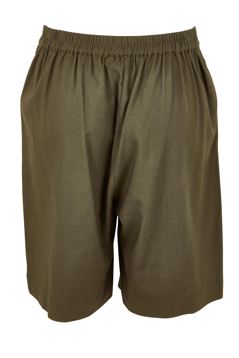 Product shot of the Linen Cotton Pull On Shorts in colour Khaki (Green), from the back