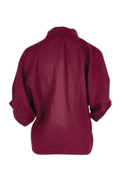 Product shot of the Linen Pleated Sleeve Shirt – Plum in colour Plum, from the back