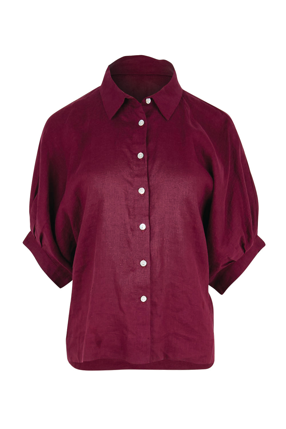Product shot of the Linen Pleated Sleeve Shirt – Plum in colour Plum, from the front