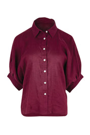 Product shot of the Linen Pleated Sleeve Shirt – Plum in colour Plum, from the front