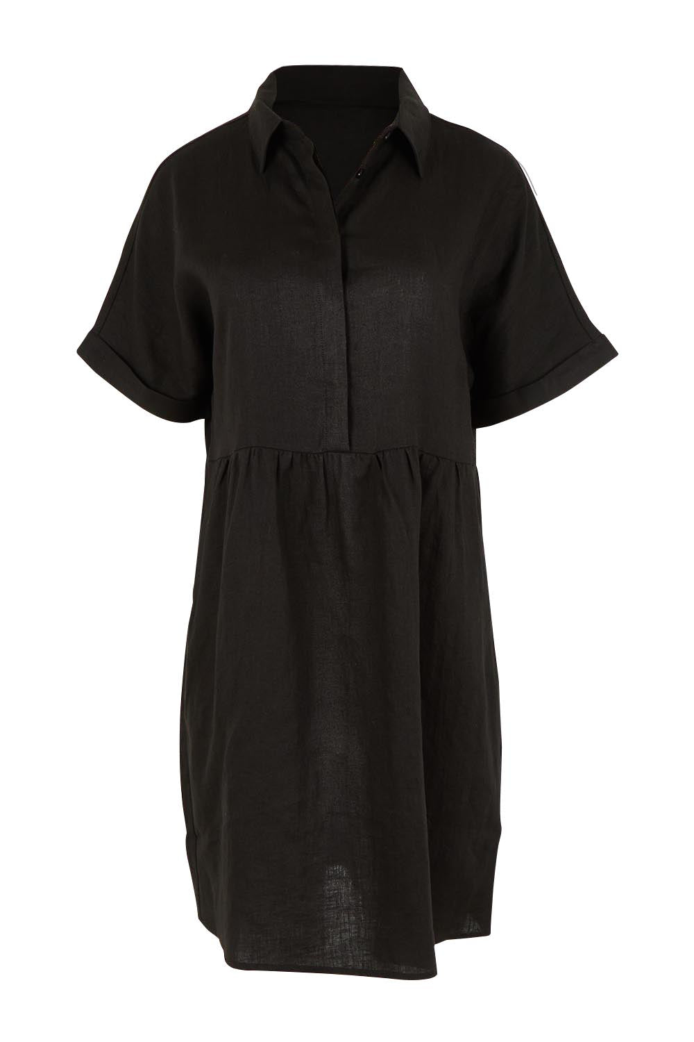 Product shot of the Linen Throw On Dress in colour Black (Black), from the front