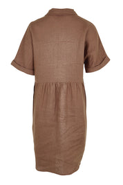 Product shot of the Linen Throw On Dress – Coffee in colour Coffee, from the back