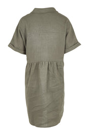 Product shot of the Linen Throw On Dress in colour Olive (Green), from the back