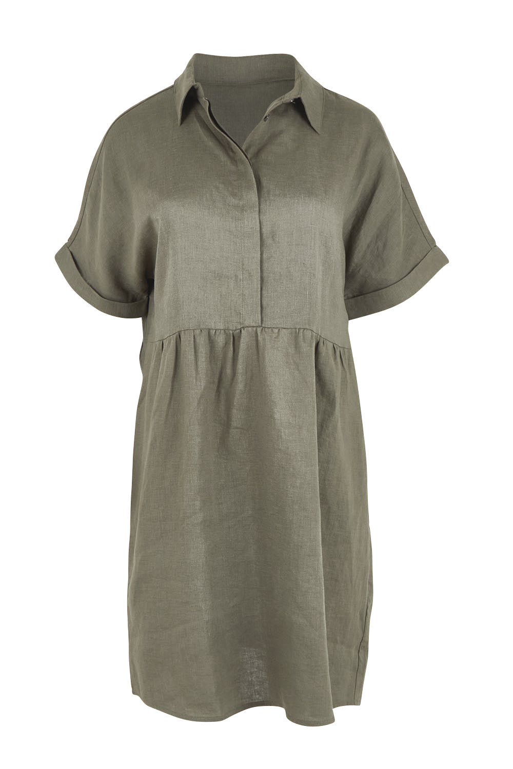 Product shot of the Linen Throw On Dress in colour Olive (Green), from the front