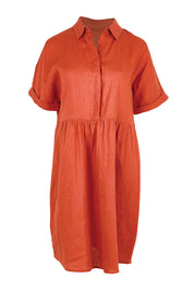 Product shot of the Linen Throw On Dress – Rust in colour Rust, from the front