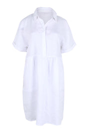 Product shot of the Linen Throw On Dress – White in colour White, from the front