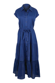 Product shot of the Cotton Broderie Trim Dress – Blue in colour Blue, from the front