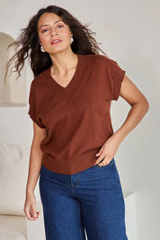 Model Tahneei wearing size 10 of the Cotton Cashmere Relaxed Knit – Caramel in colour Caramel, in a cropped view