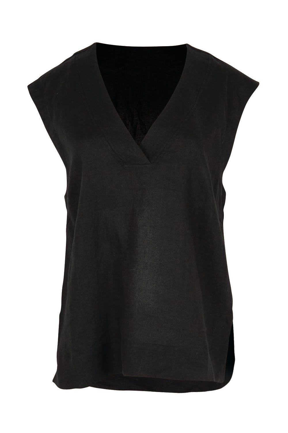 Product shot of the Linen V Neck Tank – Black in colour Black, from the front