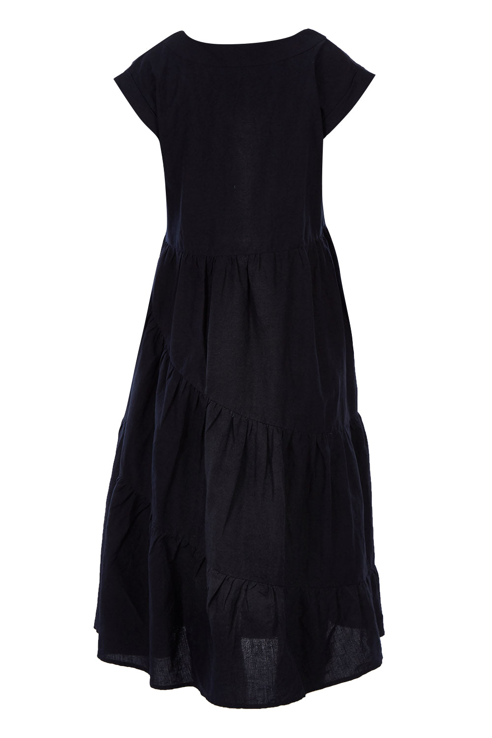 Product shot of the Cotton Linen Tier Dress in colour Midnight (Black), from the back