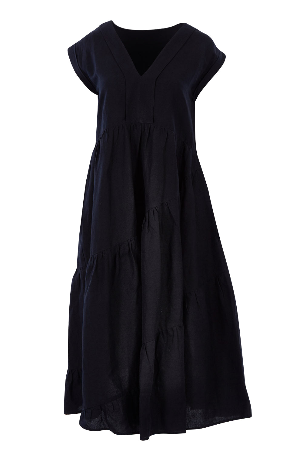 Product shot of the Cotton Linen Tier Dress in colour Midnight (Black), from the front