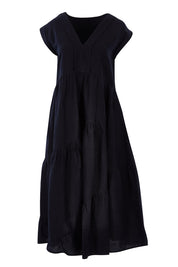 Product shot of the Cotton Linen Tier Dress in colour Midnight (Black), from the front