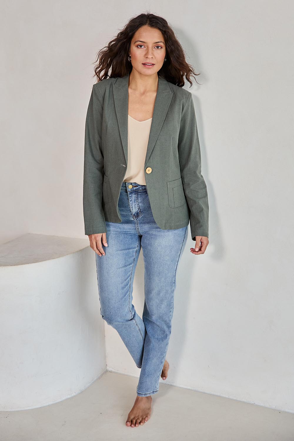 Model Tahneei wearing size 10 of the Cotton Linen Blazer - Khaki in colour Khaki, from the front