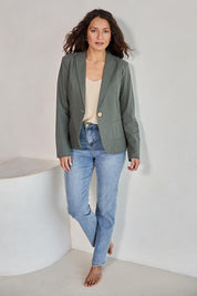 Model Tahneei wearing size 10 of the Cotton Linen Blazer - Khaki in colour Khaki, from the front